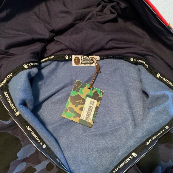 Bape BLUE Camo Tiger Shark Wide Full Zip Double Hood Hoodie LARGE Bathing Ape - Picture 6 of 16